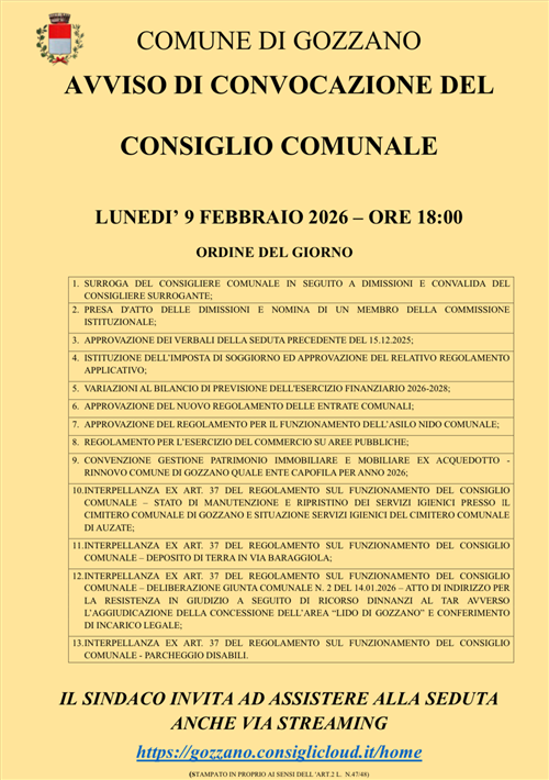Convocazione del Consiglio comunale del 09.02.2026 alle ore 18:00