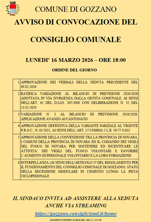 Convocazione del Consiglio comunale del 16 marzo 2026 alle ore 18:00
