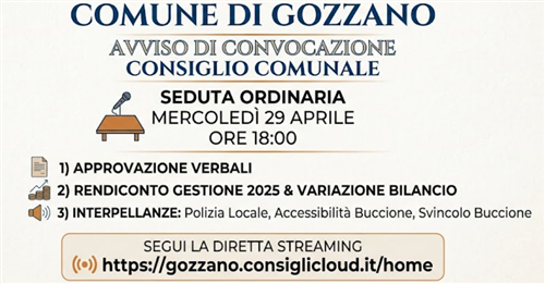 Convocazione del Consiglio comunale del 29 aprile 2026 alle ore 18:00
